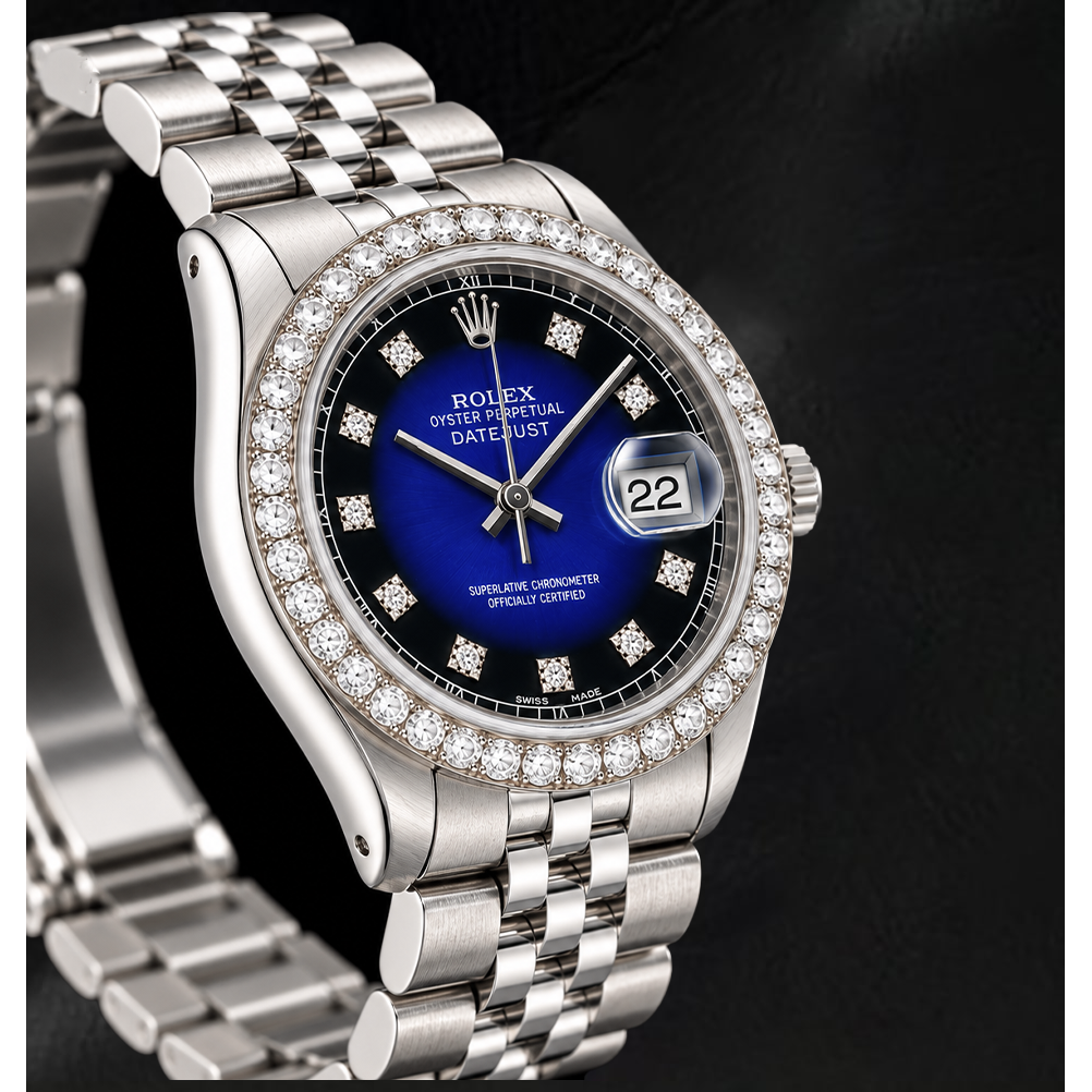 Rolex 1601 Datejust 36 mm Uhr aus Edelstahl mit blauem Diamantzifferblatt