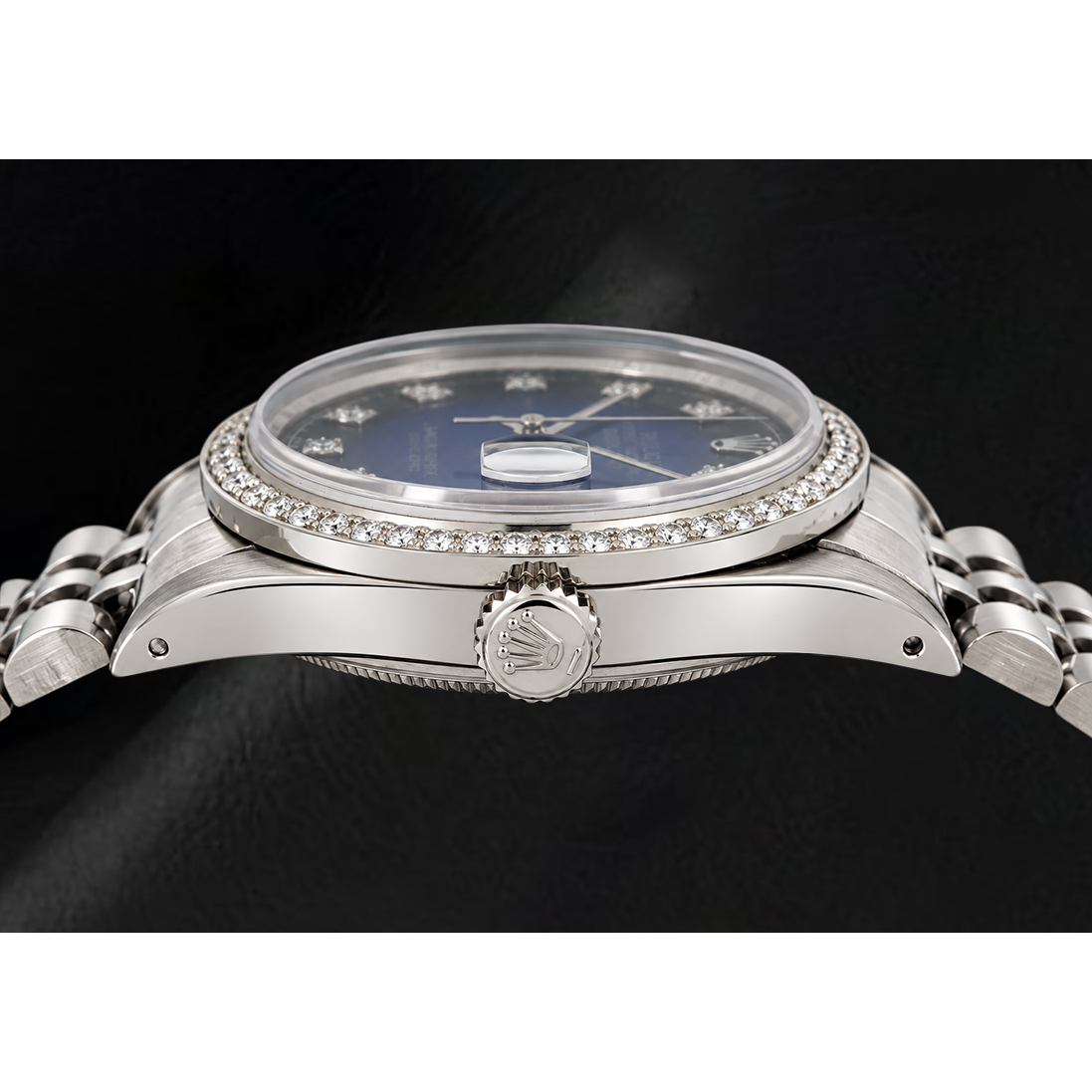 Rolex 1601 Datejust 36 mm Uhr aus Edelstahl mit blauem Diamantzifferblatt