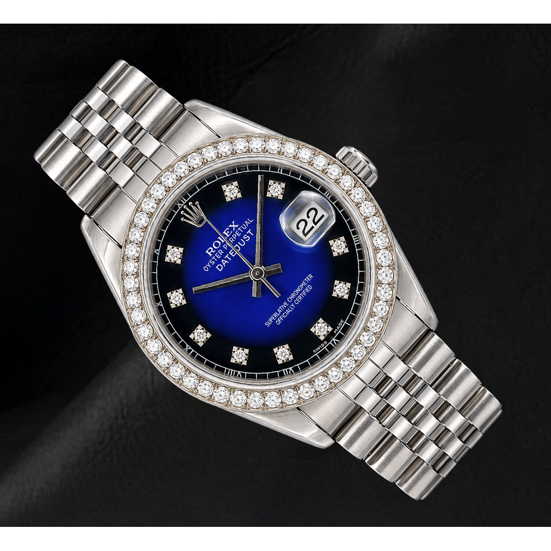 Rolex 1601 Datejust 36 mm Uhr aus Edelstahl mit blauem Diamantzifferblatt