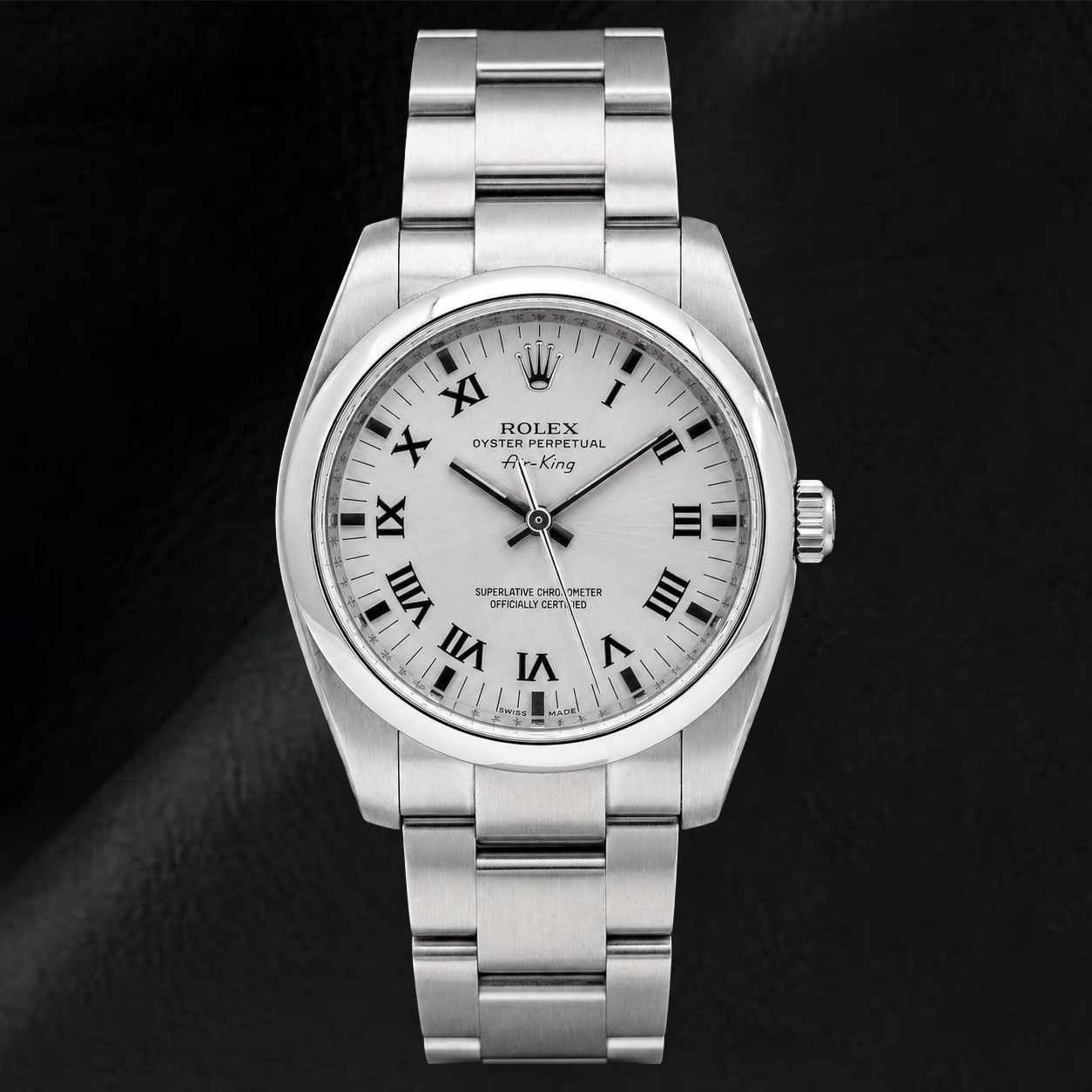 Rolex Air-King 34 mm 114200 Edelstahluhr, silbernes Zifferblatt mit römischen Ziffern, Oyster-Armband