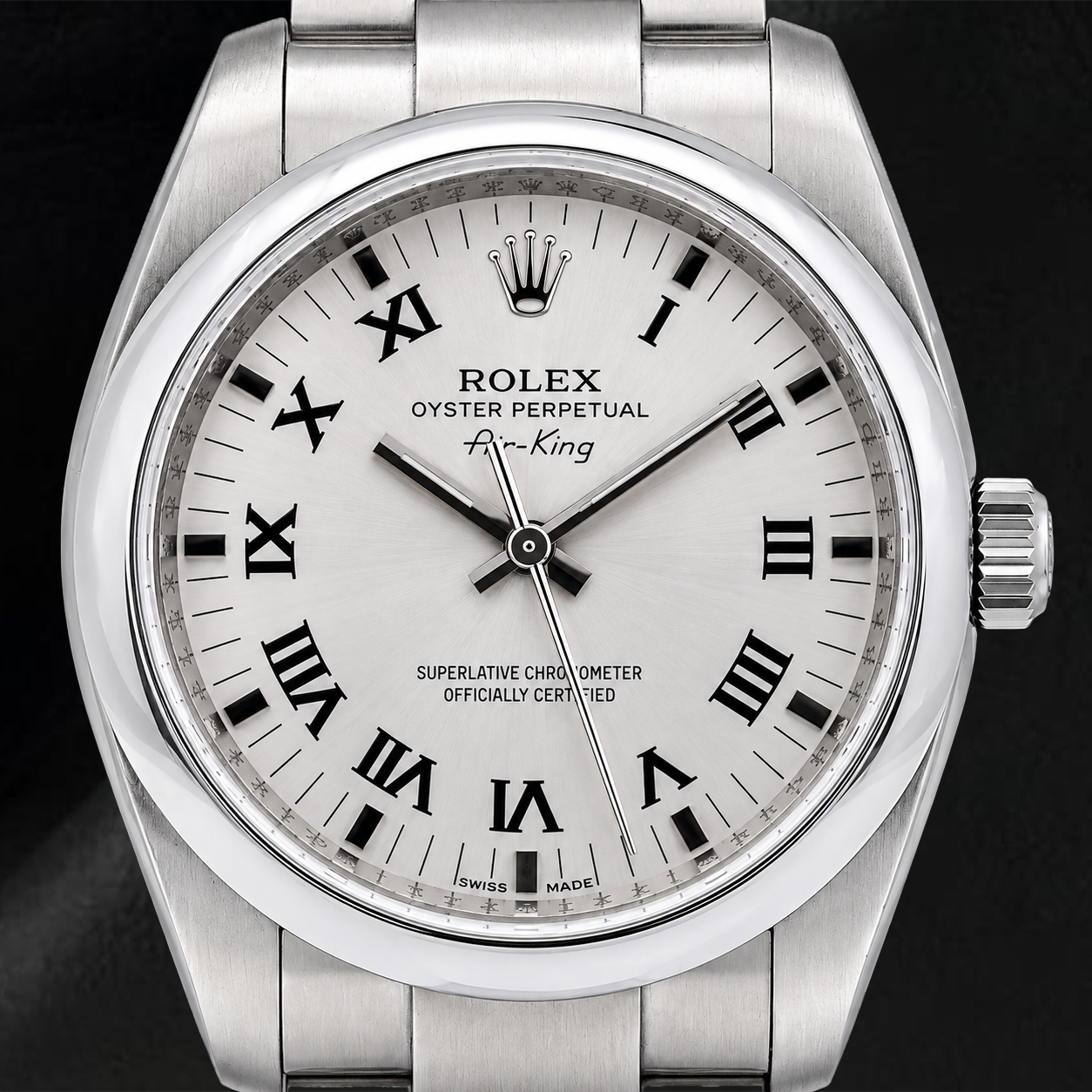 Rolex Air-King 34 mm 114200 Edelstahluhr, silbernes Zifferblatt mit römischen Ziffern, Oyster-Armband