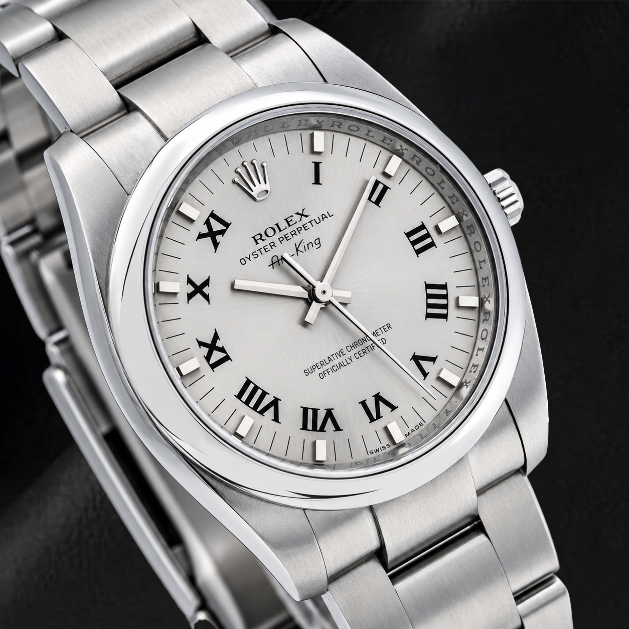 Rolex Air-King 34 mm 114200 Edelstahluhr, silbernes Zifferblatt mit römischen Ziffern, Oyster-Armband