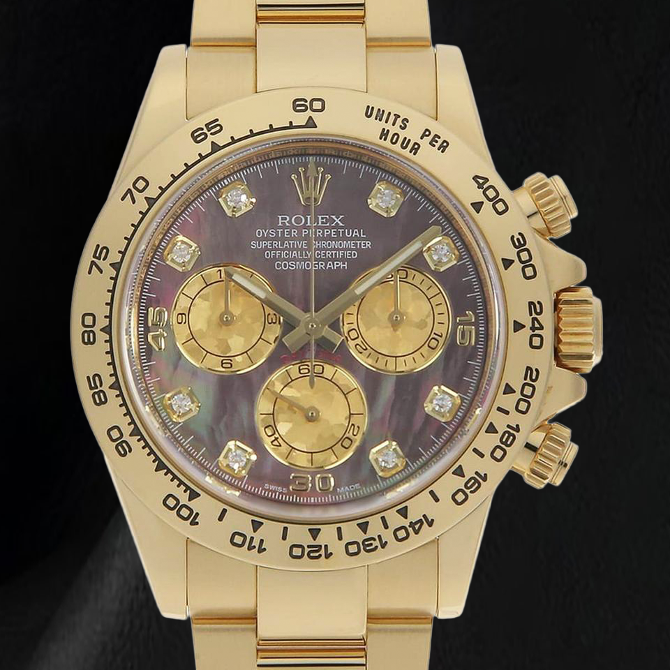 Rolex Cosmograph Daytona 116508 40 mm Gelbgold Uhr mit schwarzem Perlmutt-Zifferblatt