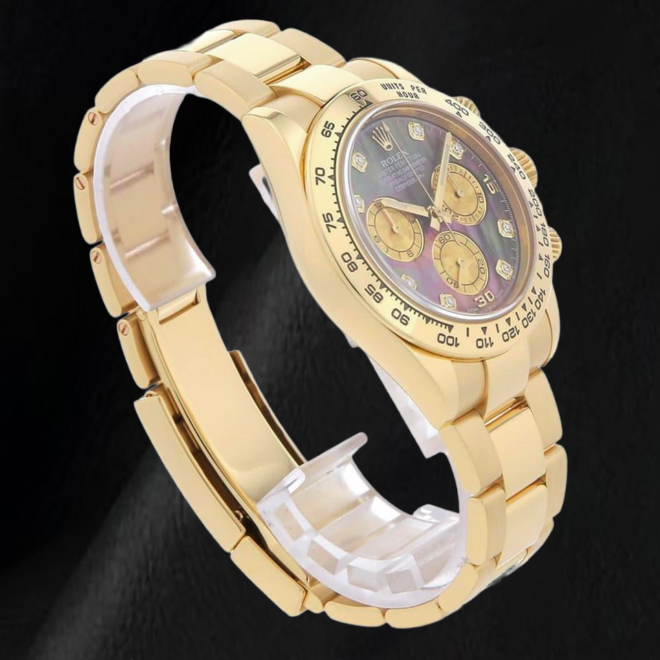 Rolex Cosmograph Daytona 116508 40 mm Gelbgold Uhr mit schwarzem Perlmutt-Zifferblatt