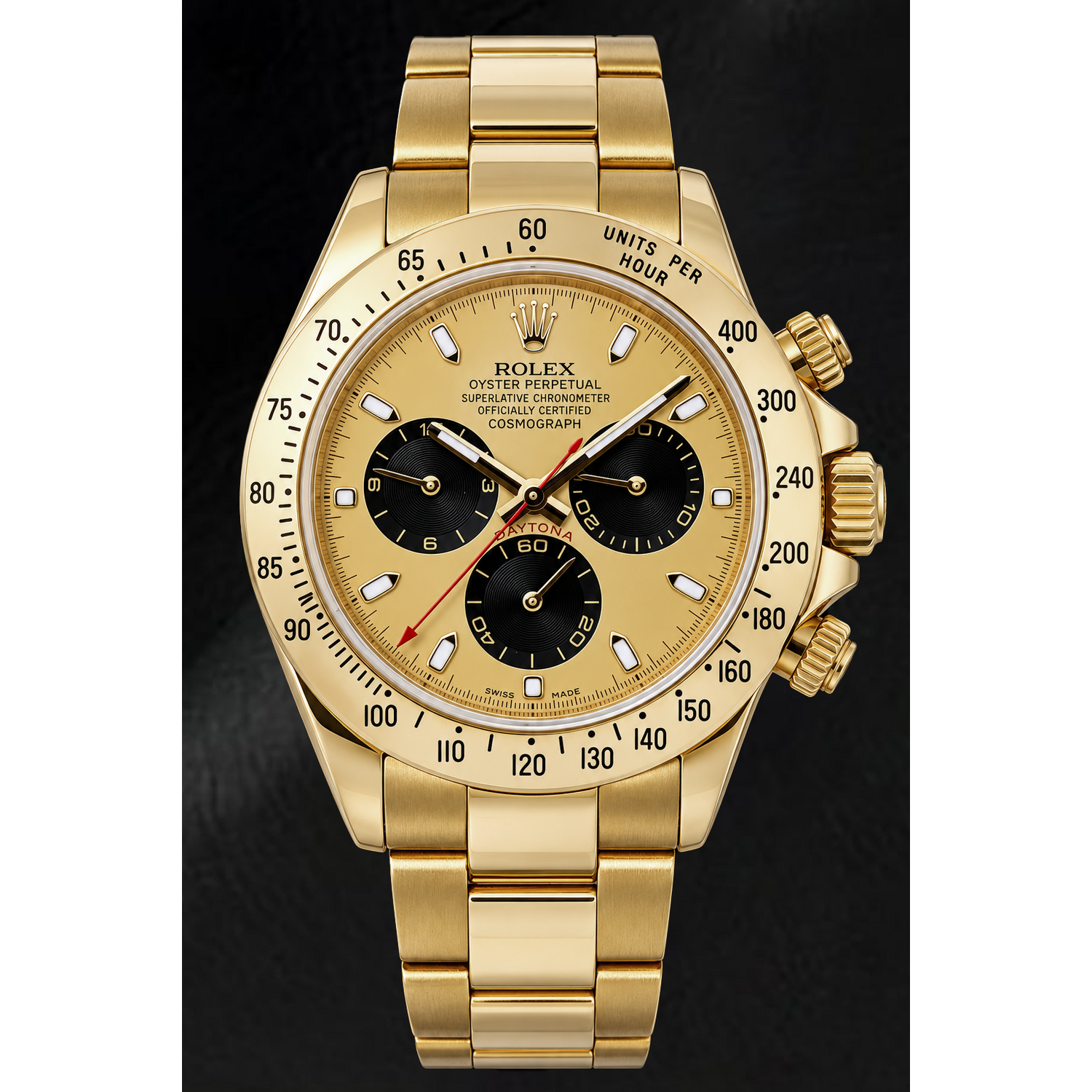 Rolex Cosmograph Daytona 116528 40 mm Uhr aus Gelbgold mit champagnerfarbenem Leuchtzifferblatt