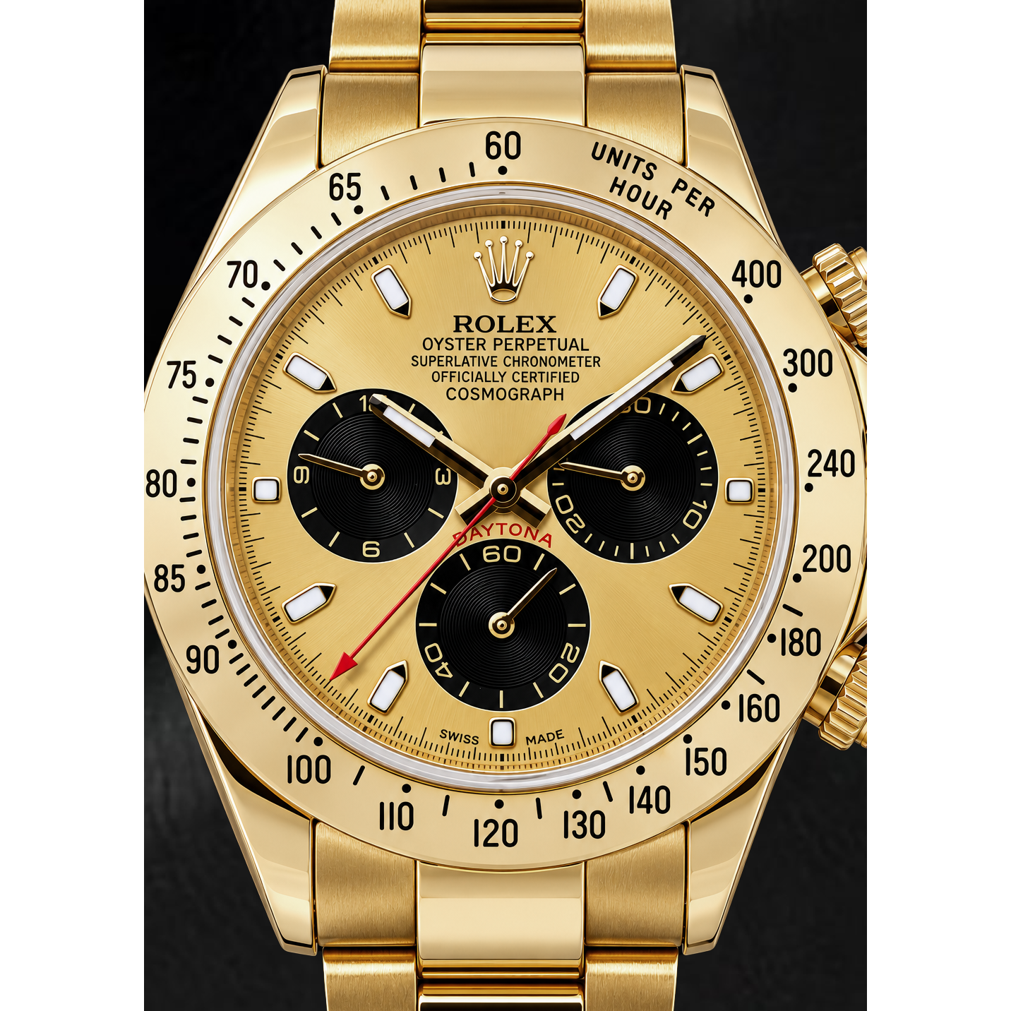 Rolex Cosmograph Daytona 116528 40 mm Uhr aus Gelbgold mit champagnerfarbenem Leuchtzifferblatt