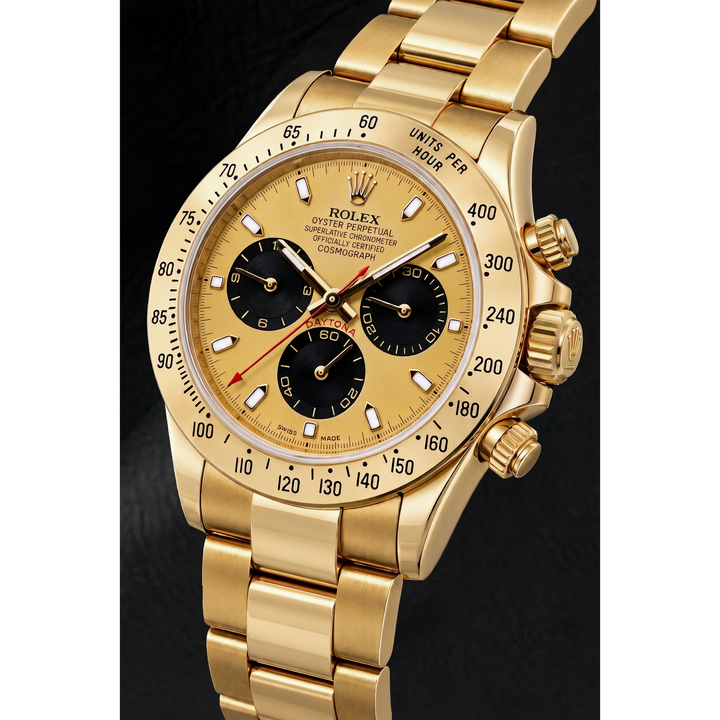 Rolex Cosmograph Daytona 116528 40 mm Uhr aus Gelbgold mit champagnerfarbenem Leuchtzifferblatt
