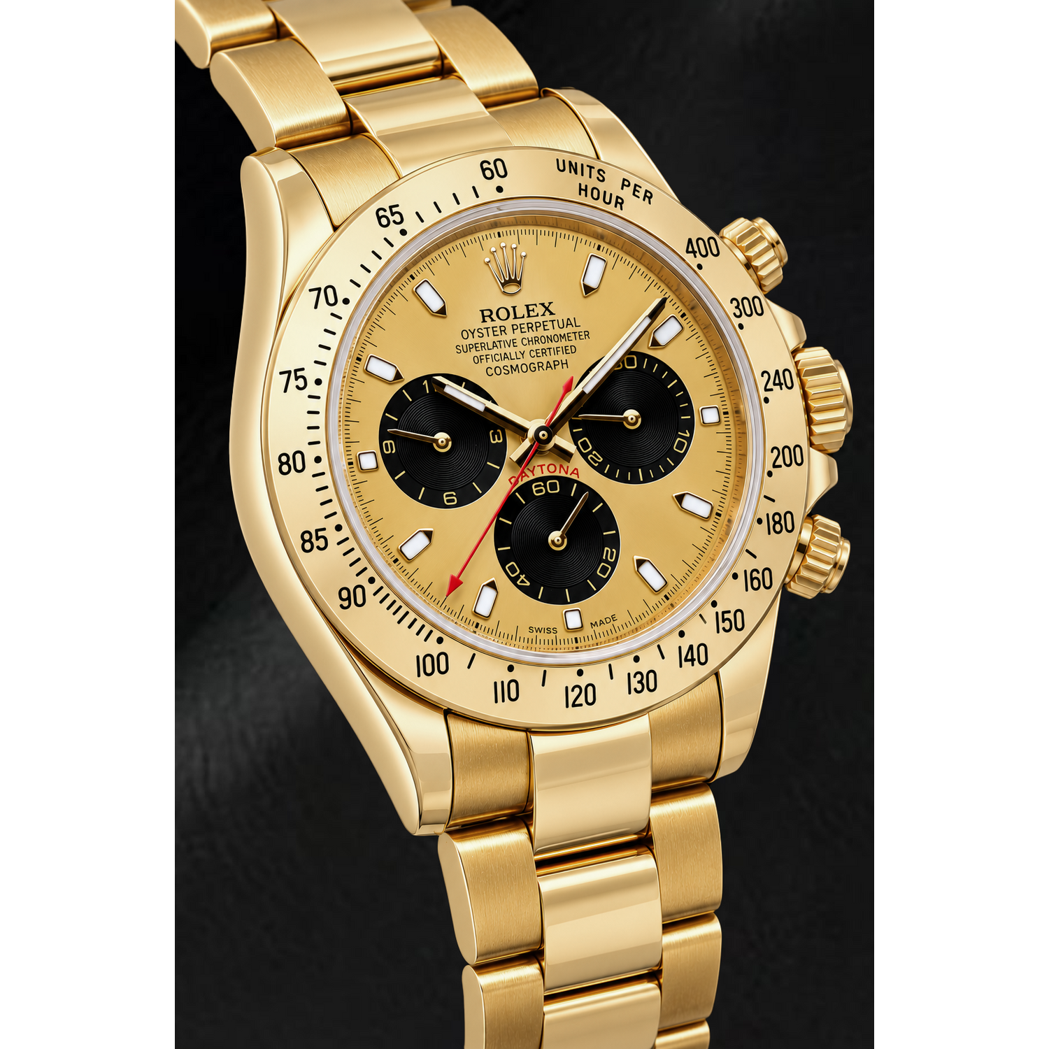 Rolex Cosmograph Daytona 116528 40 mm Uhr aus Gelbgold mit champagnerfarbenem Leuchtzifferblatt