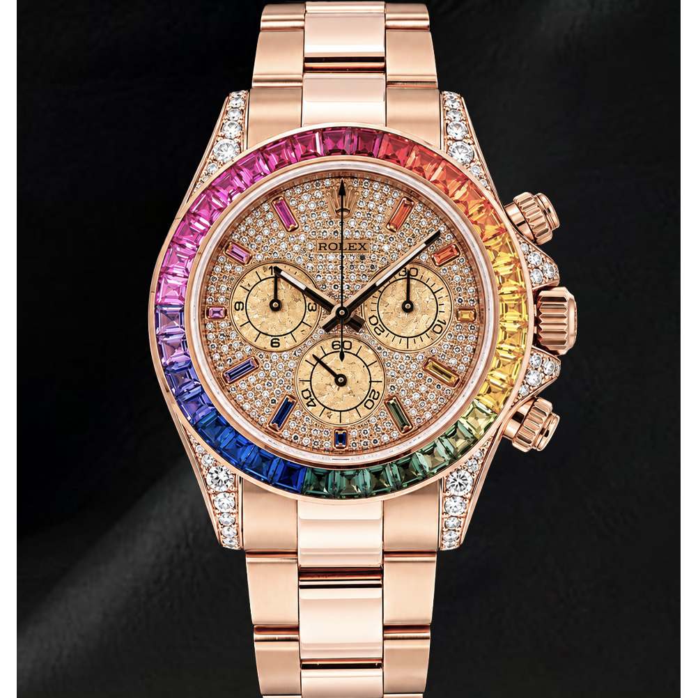 Rolex Cosmograph Daytona 40mm 116505 Roségold-Uhr mit Diamant-Pavé-Zifferblatt und Regenbogen-Stundenindizes