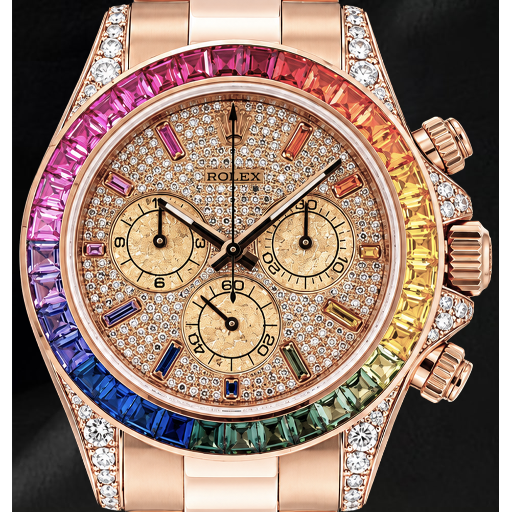 Rolex Cosmograph Daytona 40mm 116505 Roségold-Uhr mit Diamant-Pavé-Zifferblatt und Regenbogen-Stundenindizes