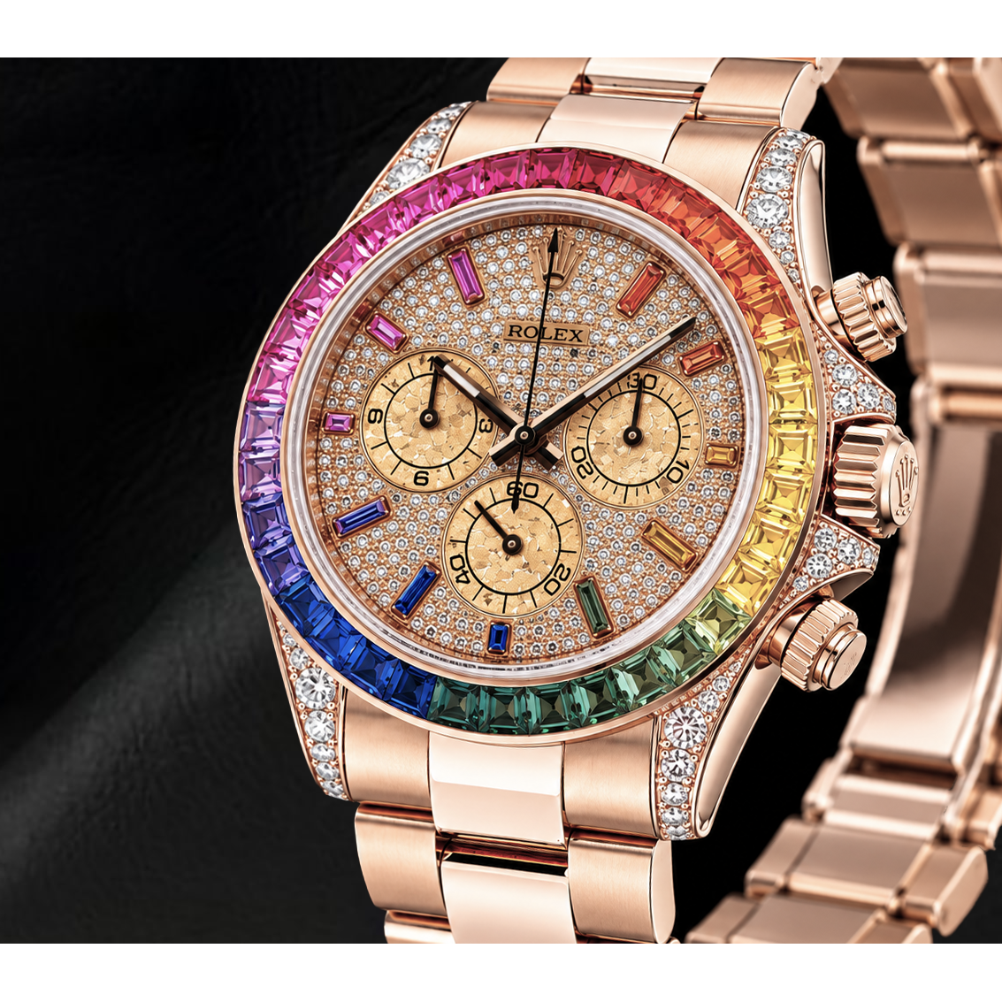 Rolex Cosmograph Daytona 40mm 116505 Roségold-Uhr mit Diamant-Pavé-Zifferblatt und Regenbogen-Stundenindizes
