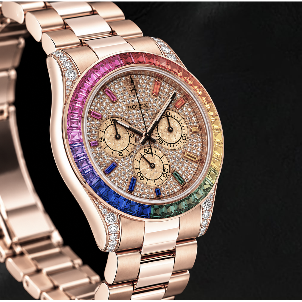 Rolex Cosmograph Daytona 40mm 116505 Roségold-Uhr mit Diamant-Pavé-Zifferblatt und Regenbogen-Stundenindizes
