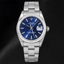 Rolex Date 14203 34 mm Uhr aus Edelstahl, blaues Zifferblatt mit Stabindizes