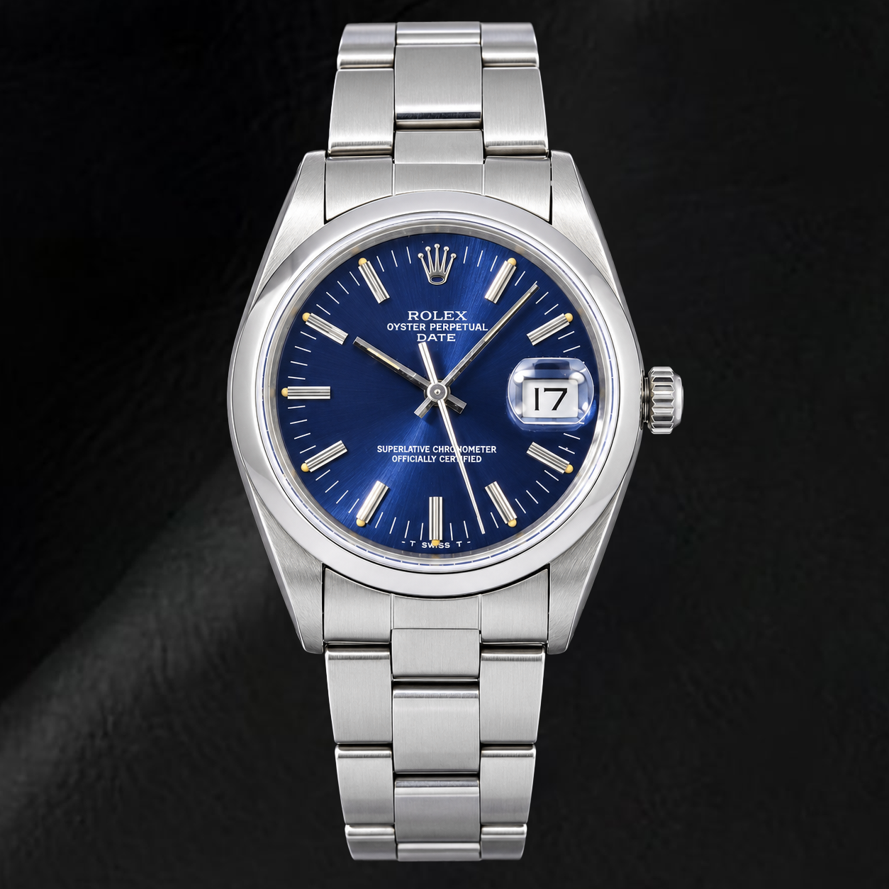 Rolex Date 14203 34 mm Uhr aus Edelstahl, blaues Zifferblatt mit Stabindizes