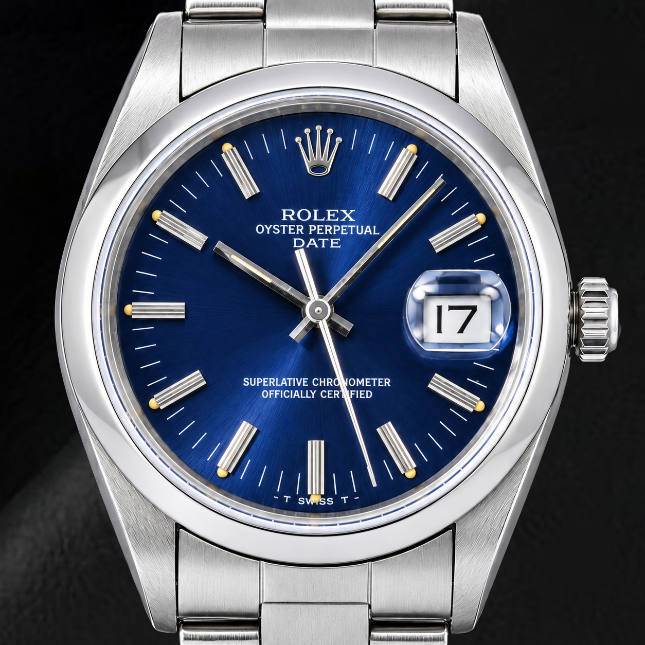 Rolex Date 14203 34 mm Uhr aus Edelstahl, blaues Zifferblatt mit Stabindizes