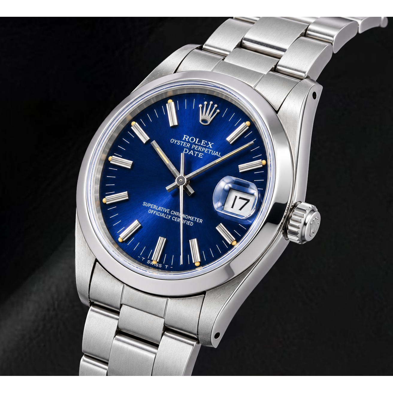 Rolex Date 14203 34 mm Uhr aus Edelstahl, blaues Zifferblatt mit Stabindizes