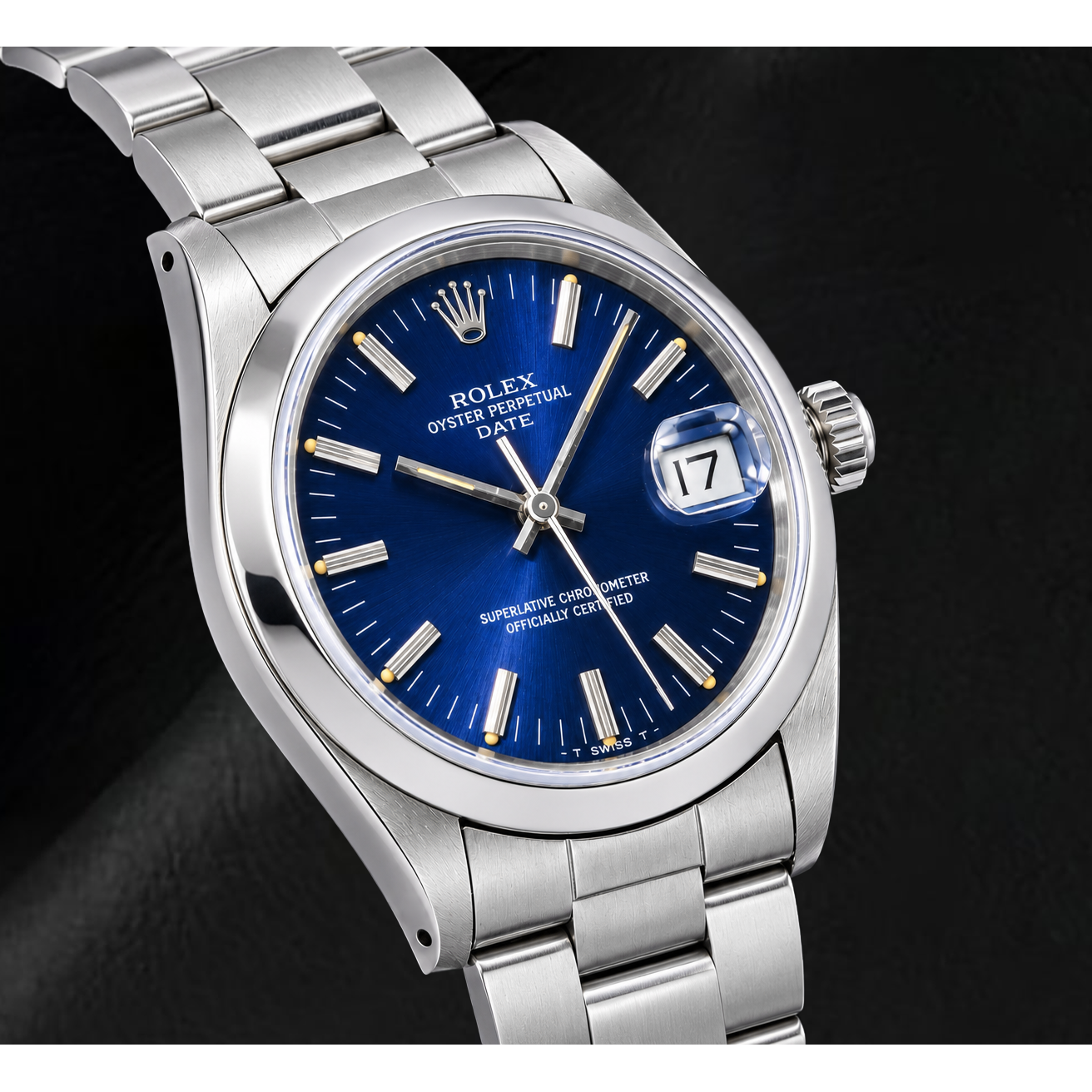 Rolex Date 14203 34 mm Uhr aus Edelstahl, blaues Zifferblatt mit Stabindizes