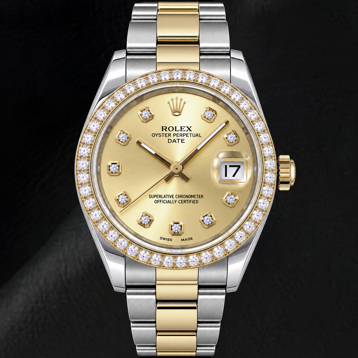 Rolex Date 15223 34 mm Bicolor-Uhr mit Champagner-Diamantzifferblatt