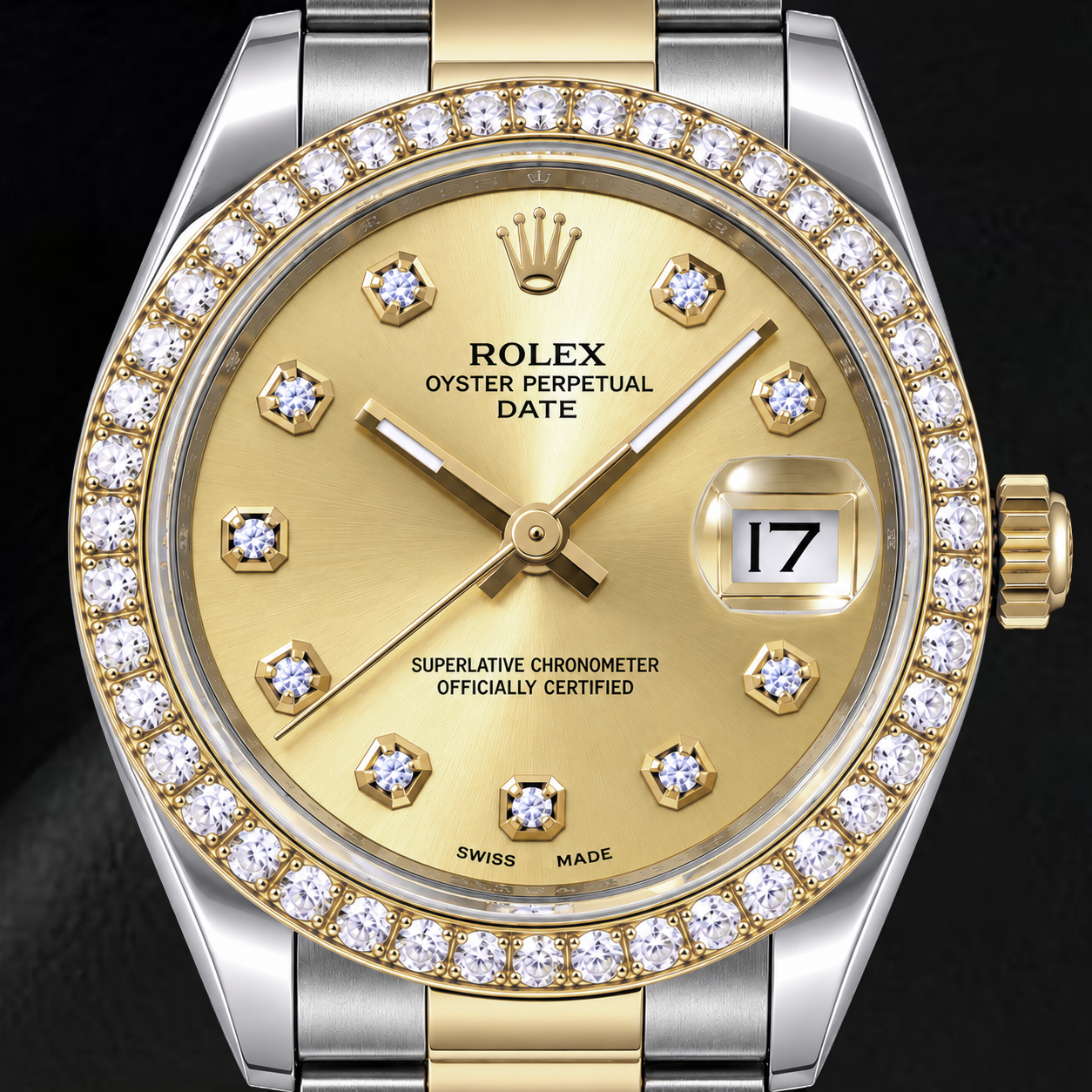Rolex Date 15223 34 mm Bicolor-Uhr mit Champagner-Diamantzifferblatt