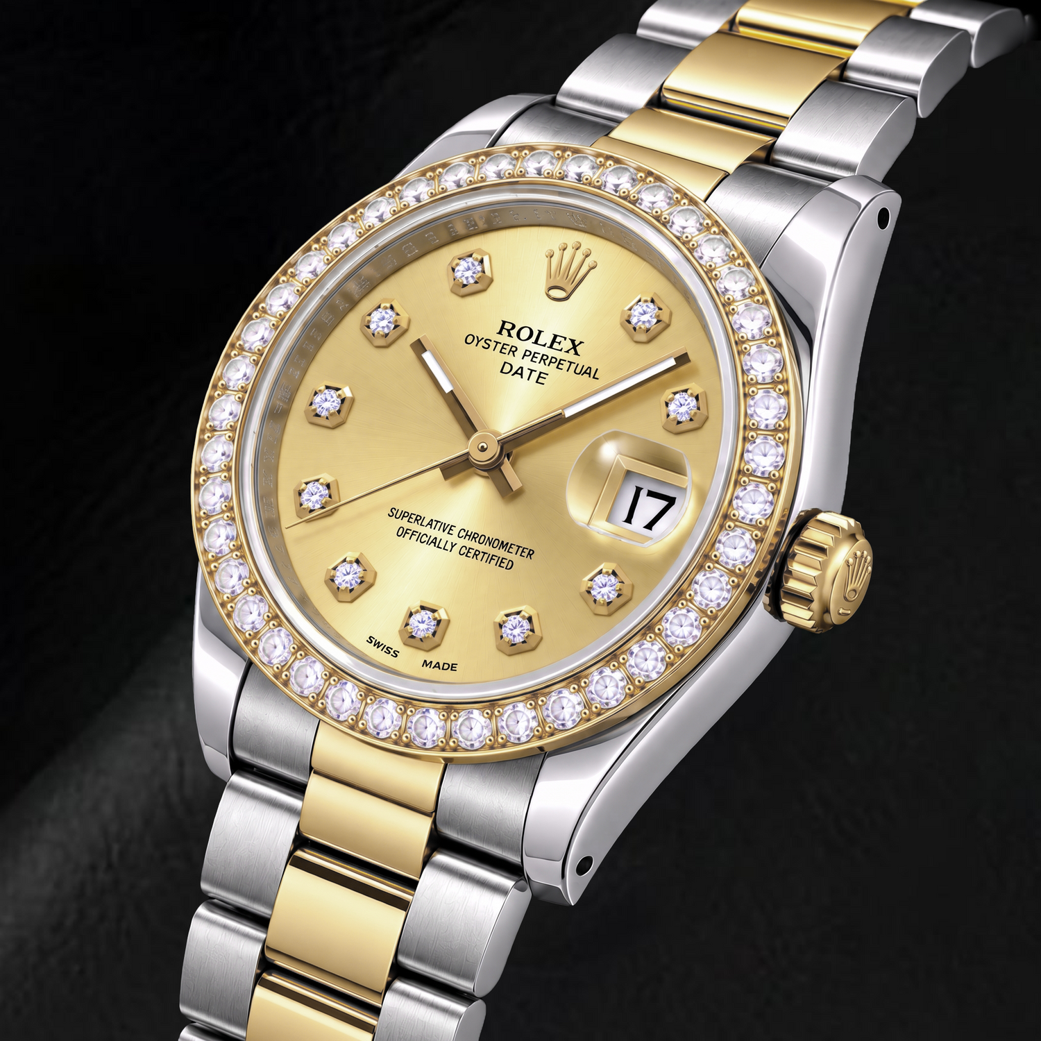Rolex Date 15223 34 mm Bicolor-Uhr mit Champagner-Diamantzifferblatt