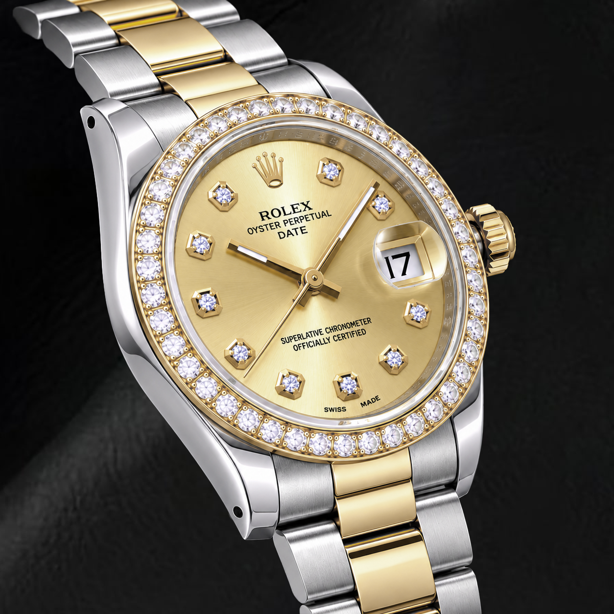 Rolex Date 15223 34 mm Bicolor-Uhr mit Champagner-Diamantzifferblatt