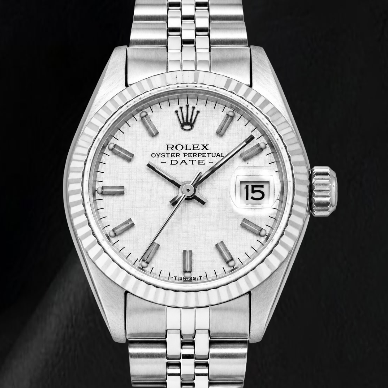 Rolex Date 6916 26 mm Uhr, silbernes Leinen-Zifferblatt, Jubilé-Armband aus Edelstahl