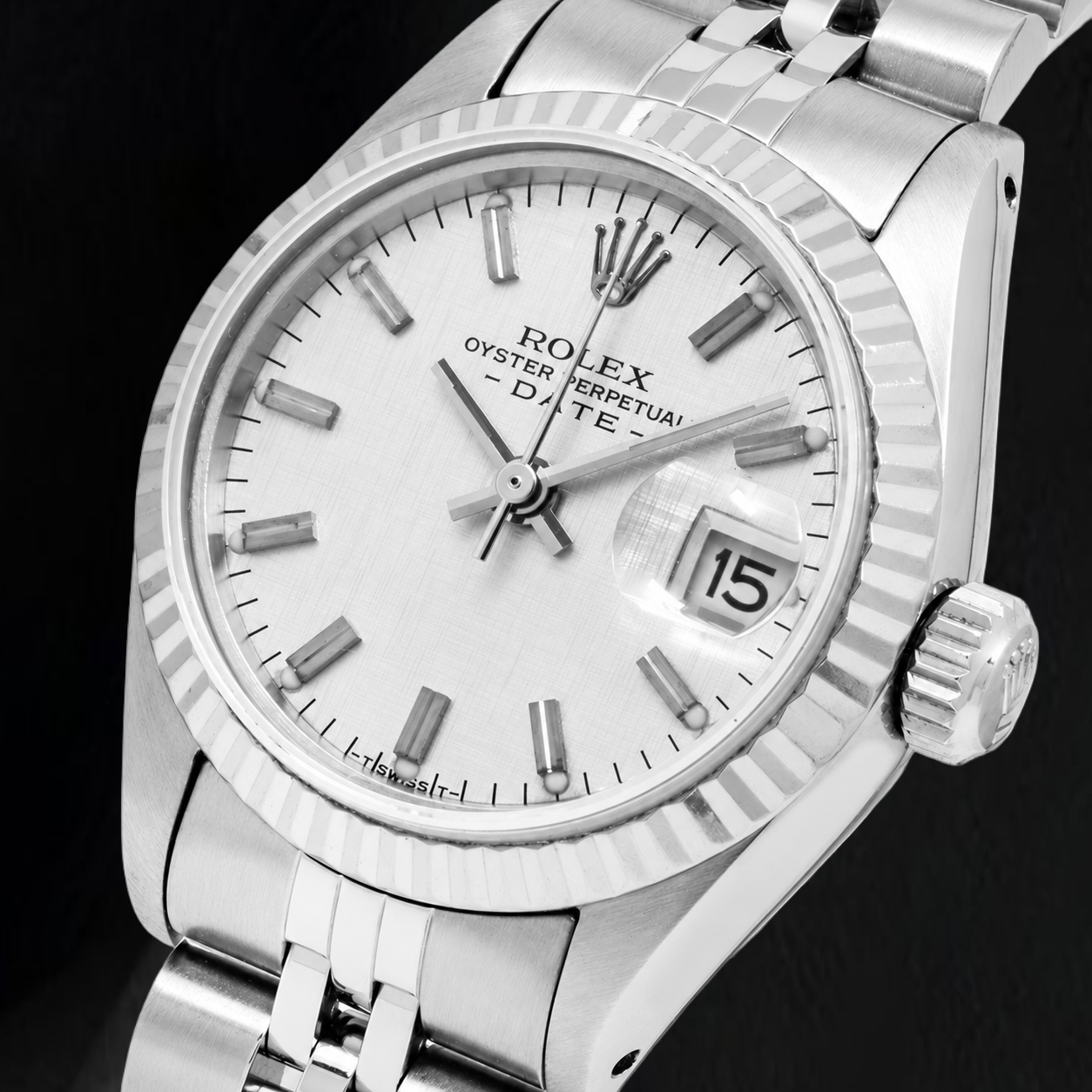 Rolex Date 6916 26 mm Uhr, silbernes Leinen-Zifferblatt, Jubilé-Armband aus Edelstahl