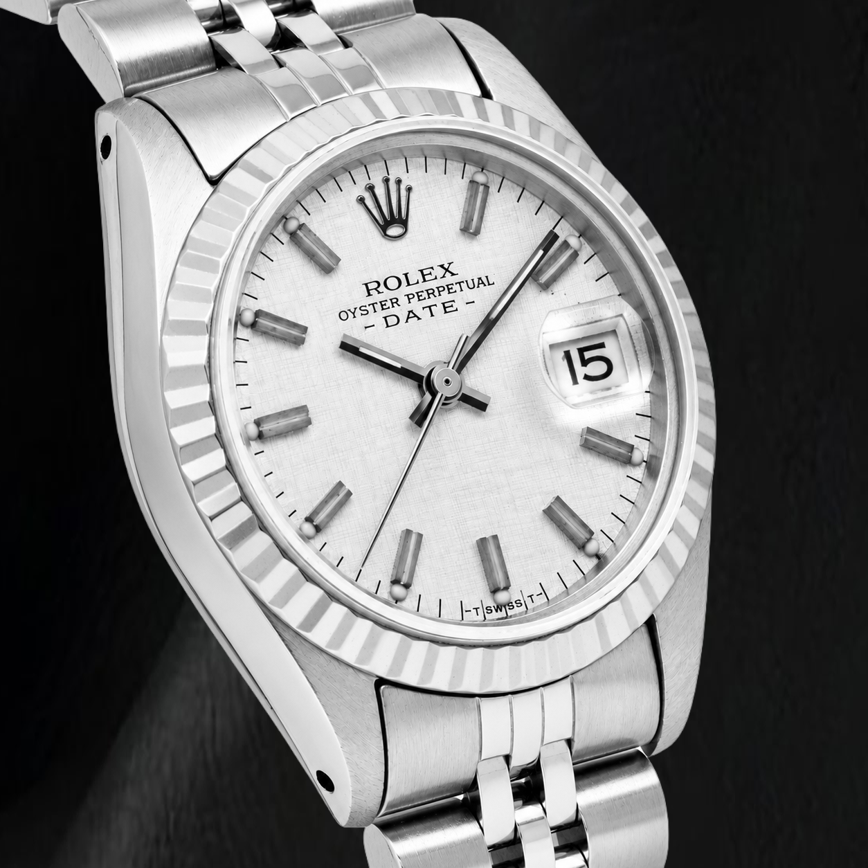 Rolex Date 6916 26 mm Uhr, silbernes Leinen-Zifferblatt, Jubilé-Armband aus Edelstahl
