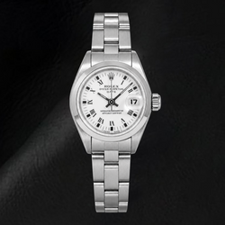 Rolex Date 69160 26 mm Uhr aus Edelstahl mit weißem Zifferblatt und römischen Ziffern