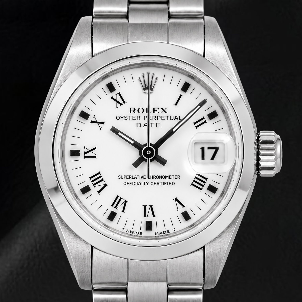 Rolex Date 69160 26 mm Uhr aus Edelstahl mit weißem Zifferblatt und römischen Ziffern