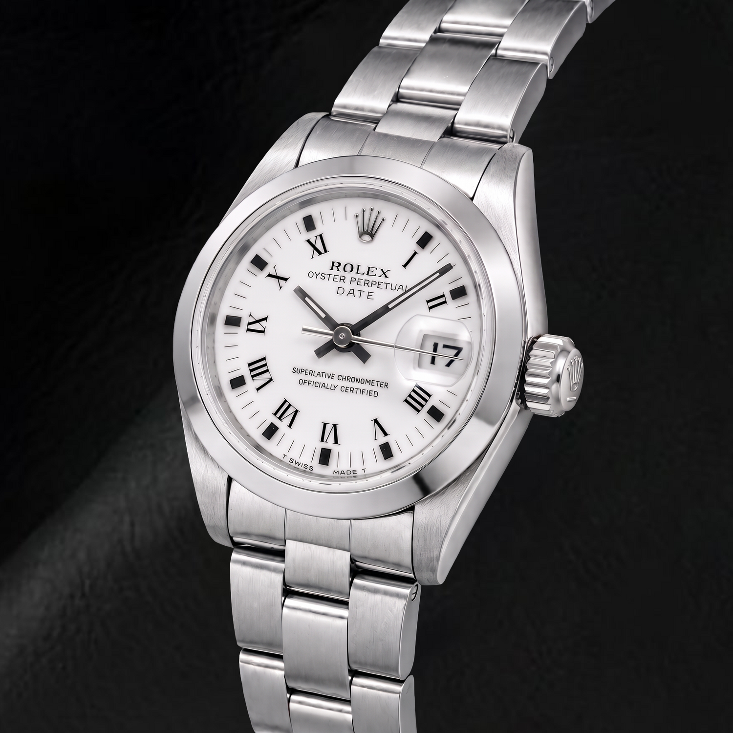 Rolex Date 69160 26 mm Uhr aus Edelstahl mit weißem Zifferblatt und römischen Ziffern