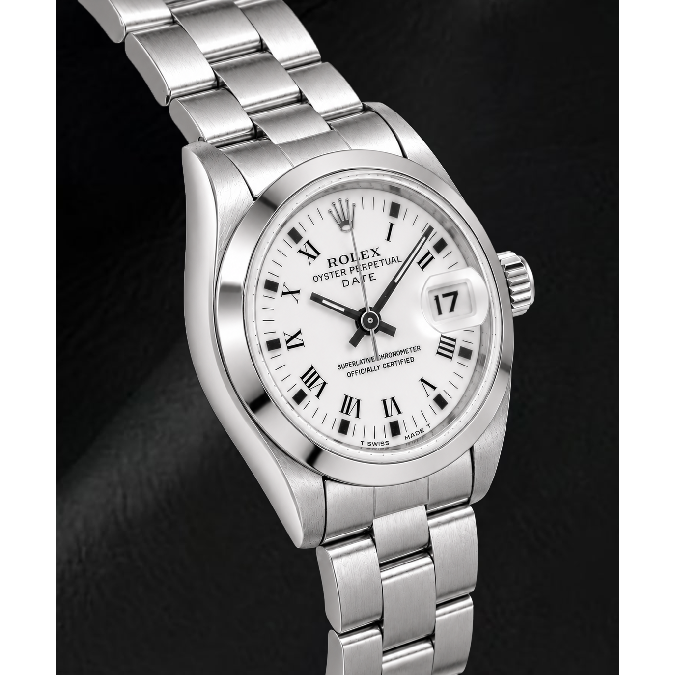 Rolex Date 69160 26 mm Uhr aus Edelstahl mit weißem Zifferblatt und römischen Ziffern