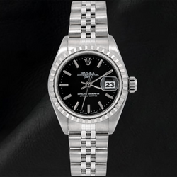 Rolex Date 6924 26 mm Uhr, schwarzes Zifferblatt mit Stabindizes, Edelstahl, Jubilé-Armband