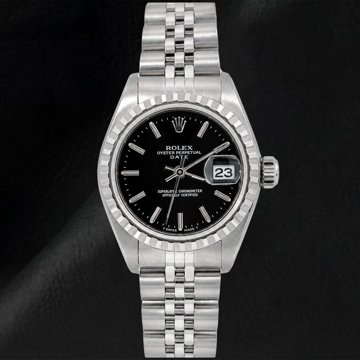 Rolex Date 6924 26 mm Uhr, schwarzes Zifferblatt mit Stabindizes, Edelstahl, Jubilé-Armband