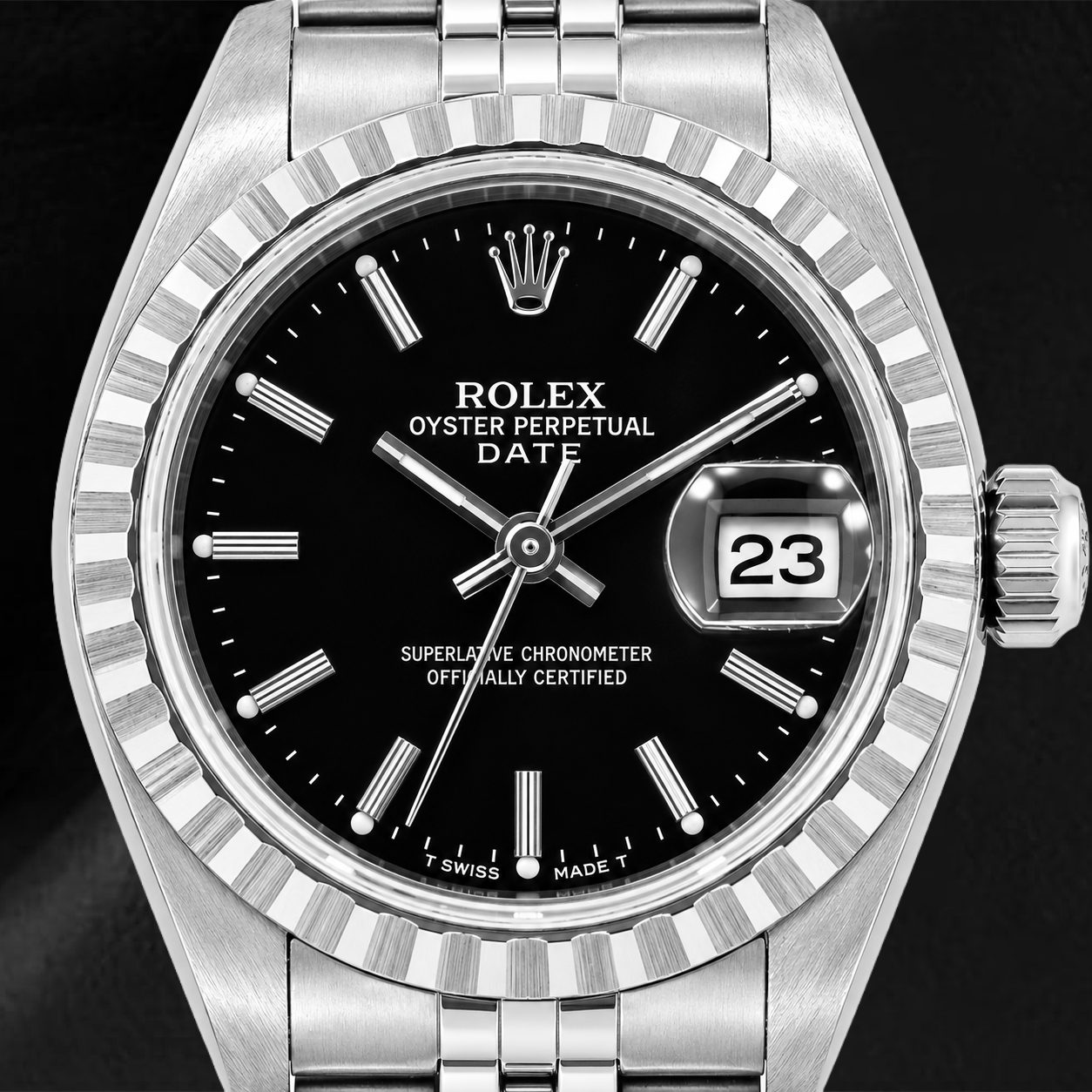 Rolex Date 6924 26 mm Uhr, schwarzes Zifferblatt mit Stabindizes, Edelstahl, Jubilé-Armband