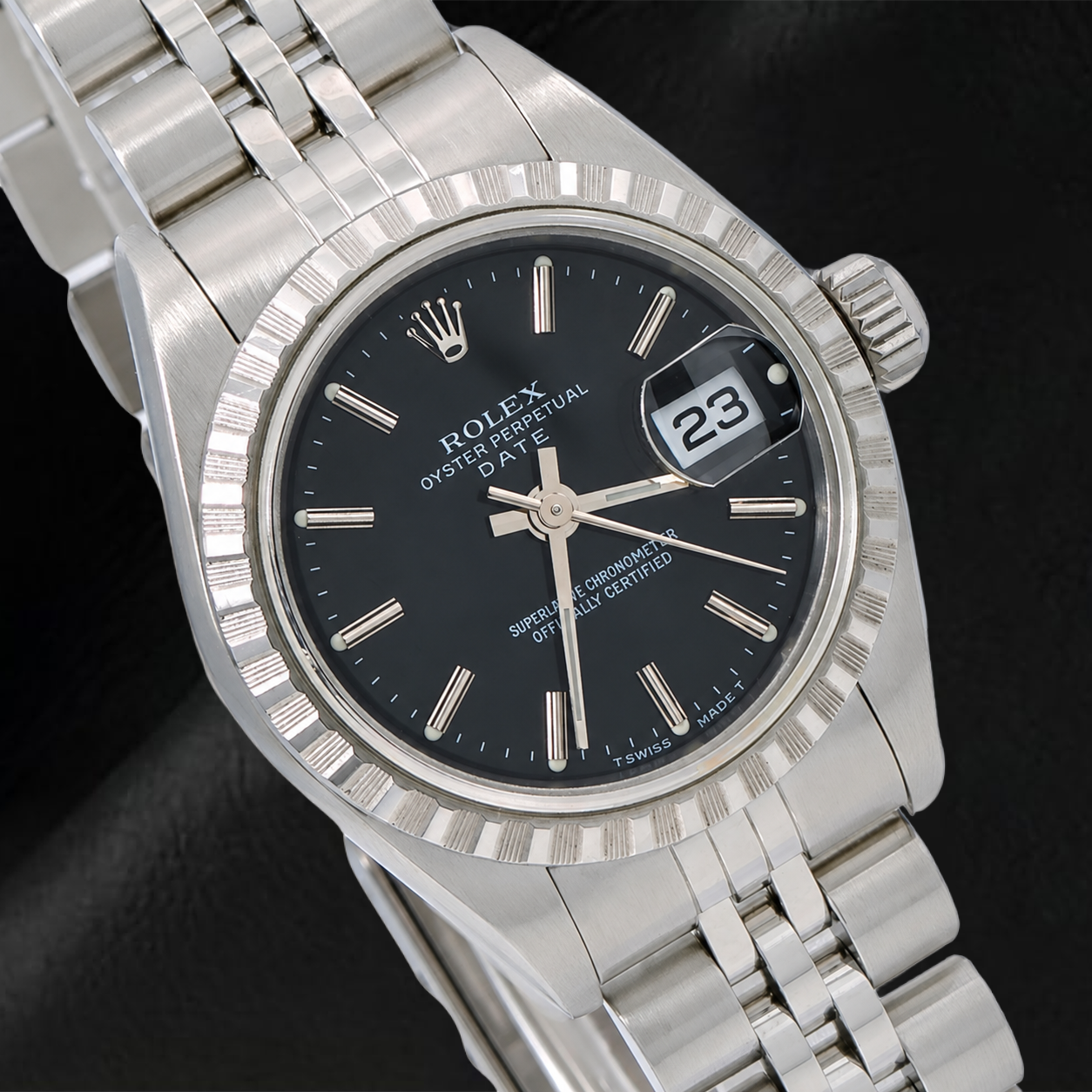 Rolex Date 6924 26 mm Uhr, schwarzes Zifferblatt mit Stabindizes, Edelstahl, Jubilé-Armband