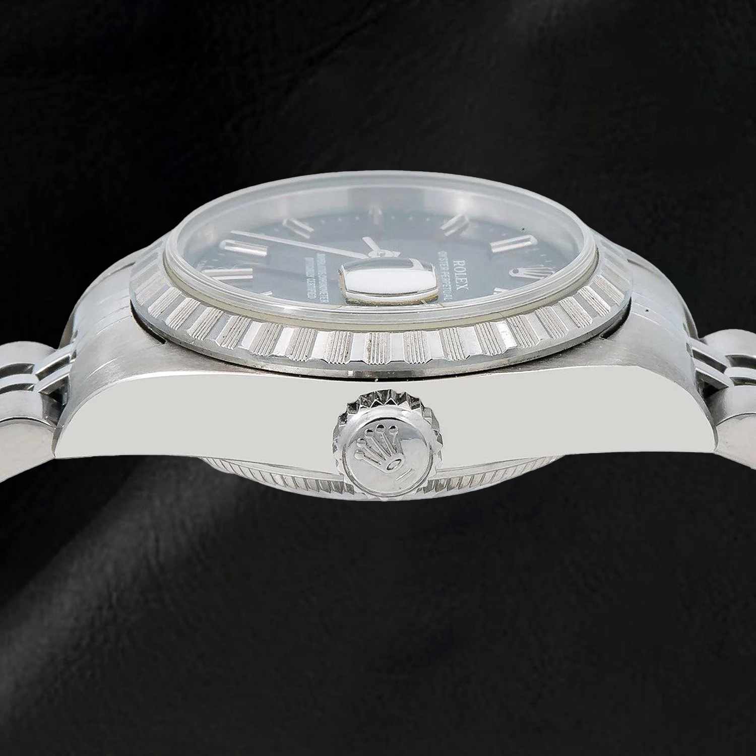 Rolex Date 6924 26 mm Uhr, schwarzes Zifferblatt mit Stabindizes, Edelstahl, Jubilé-Armband
