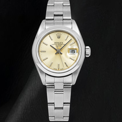 Rolex Date 79160 26 mm champagnerfarbenes Zifferblatt mit Stabindizes, glatte Lünette, Uhr aus Edelstahl