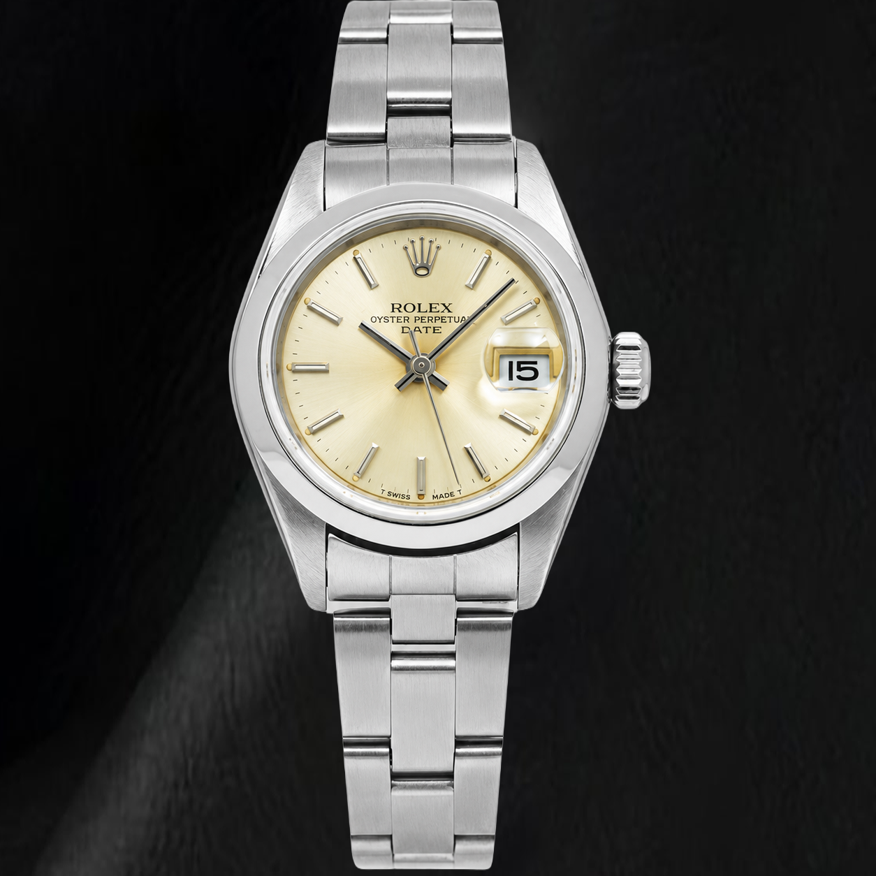 Rolex Date 79160 26 mm champagnerfarbenes Zifferblatt mit Stabindizes, glatte Lünette, Uhr aus Edelstahl