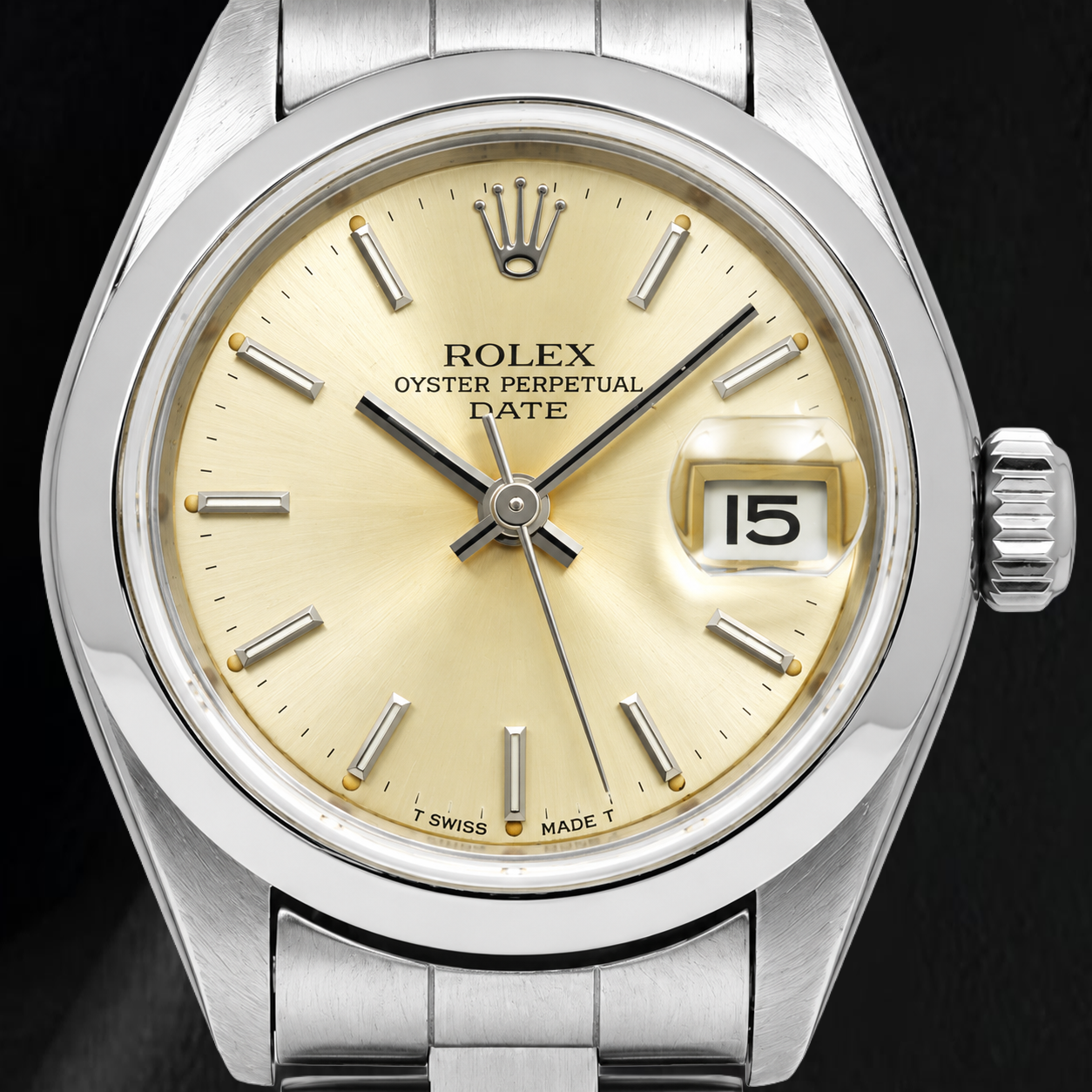 Rolex Date 79160 26 mm champagnerfarbenes Zifferblatt mit Stabindizes, glatte Lünette, Uhr aus Edelstahl