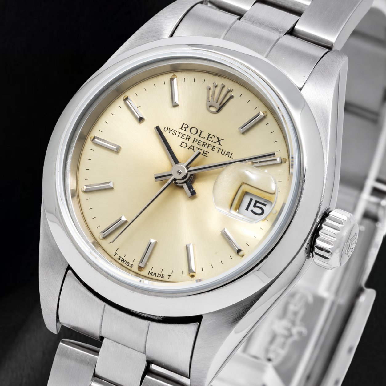 Rolex Date 79160 26 mm champagnerfarbenes Zifferblatt mit Stabindizes, glatte Lünette, Uhr aus Edelstahl