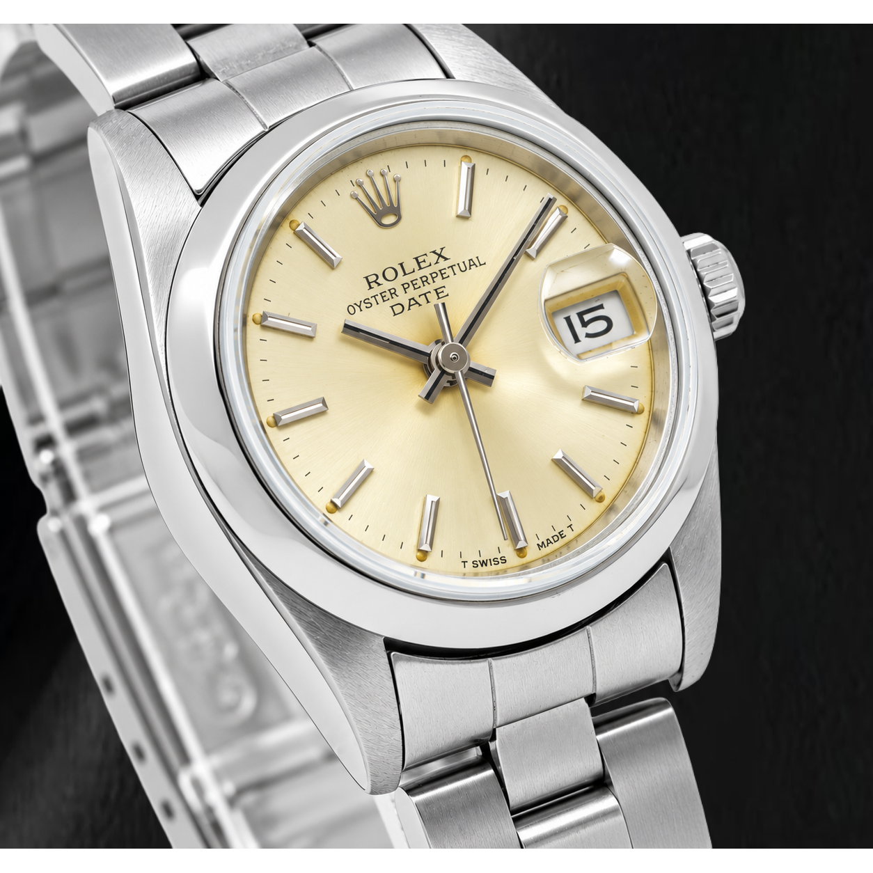 Rolex Date 79160 26 mm champagnerfarbenes Zifferblatt mit Stabindizes, glatte Lünette, Uhr aus Edelstahl