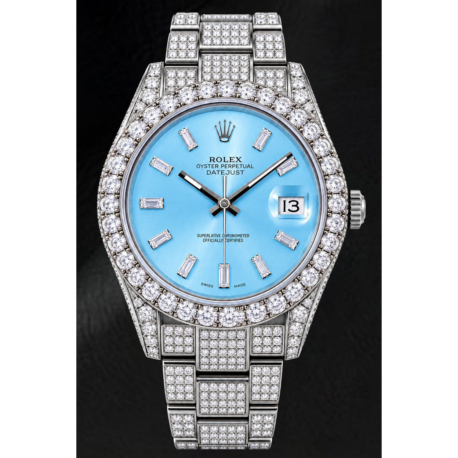 Rolex Datejust 116200 36 mm Edelstahluhr mit eisblauem Baguette-Diamantzifferblatt