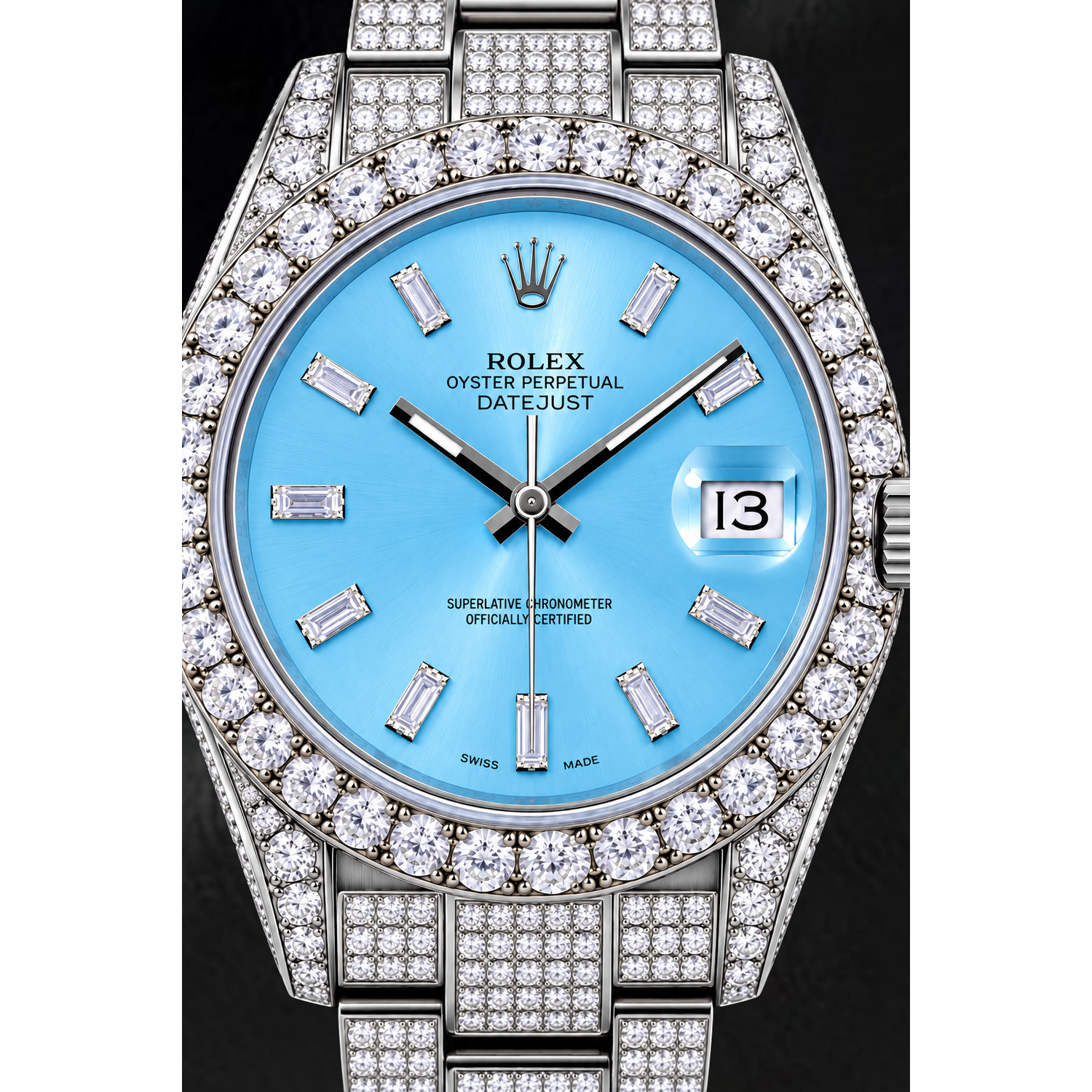 Rolex Datejust 116200 36 mm Edelstahluhr mit eisblauem Baguette-Diamantzifferblatt