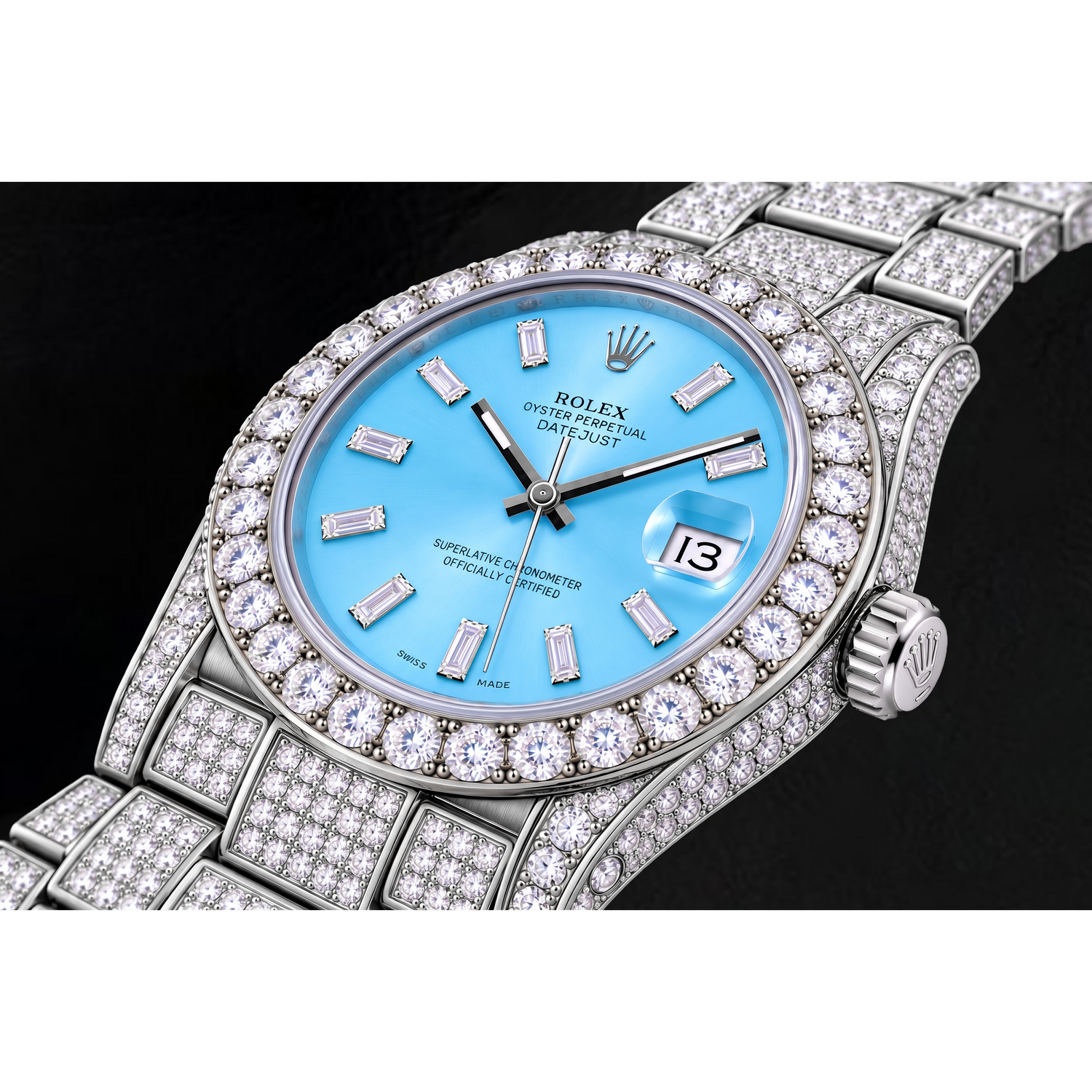 Rolex Datejust 116200 36 mm Edelstahluhr mit eisblauem Baguette-Diamantzifferblatt