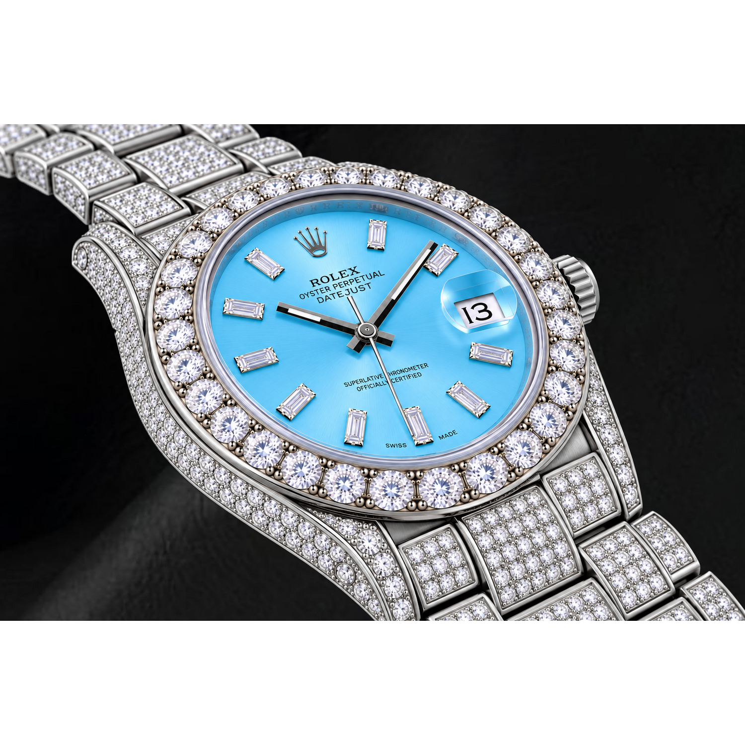 Rolex Datejust 116200 36 mm Edelstahluhr mit eisblauem Baguette-Diamantzifferblatt