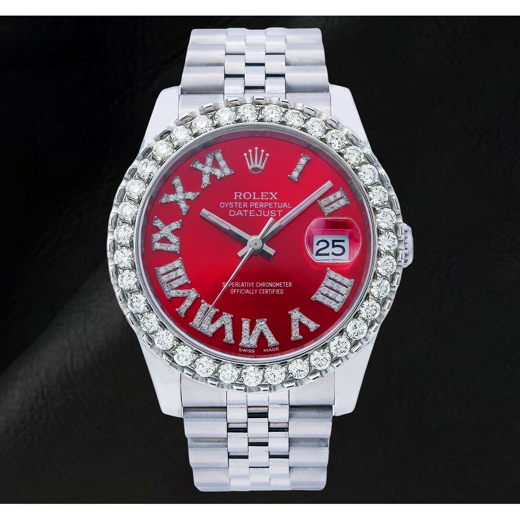 Rolex Datejust 116200 36 mm Edelstahluhr mit rotem römischem Diamantzifferblatt