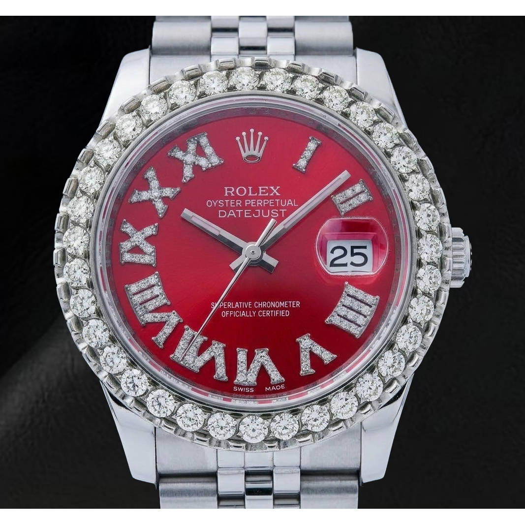Rolex Datejust 116200 36 mm Edelstahluhr mit rotem römischem Diamantzifferblatt