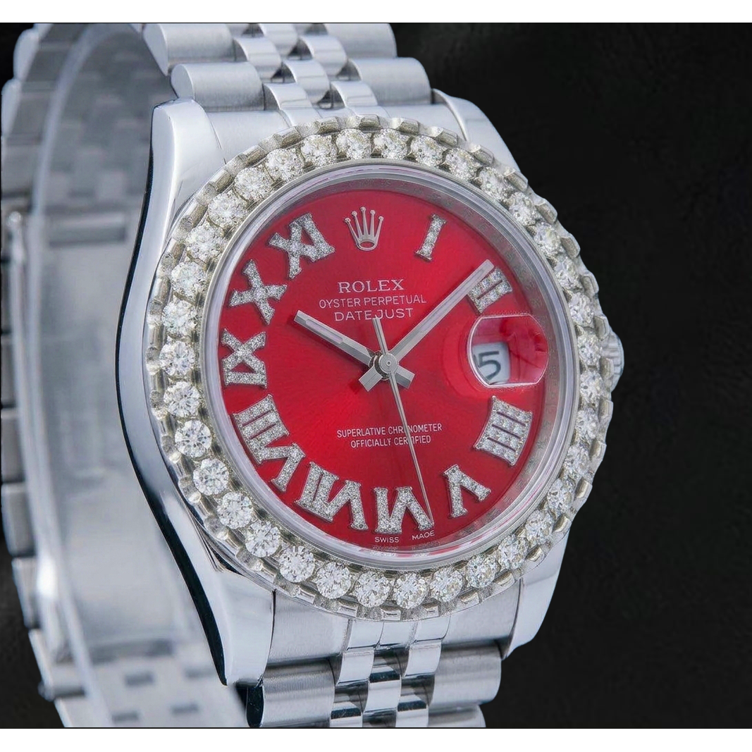 Rolex Datejust 116200 36 mm Edelstahluhr mit rotem römischem Diamantzifferblatt
