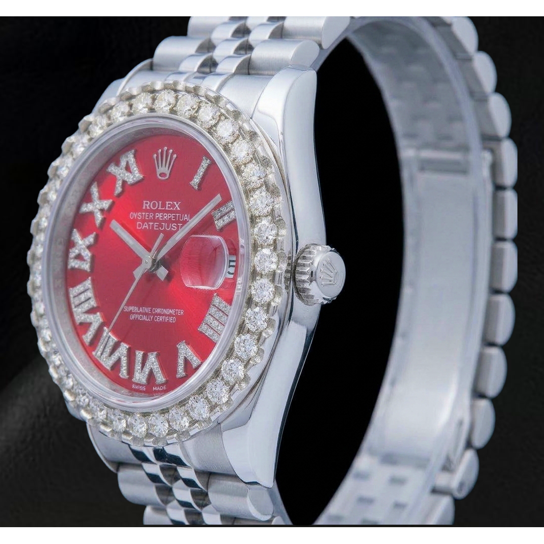 Rolex Datejust 116200 36 mm Edelstahluhr mit rotem römischem Diamantzifferblatt